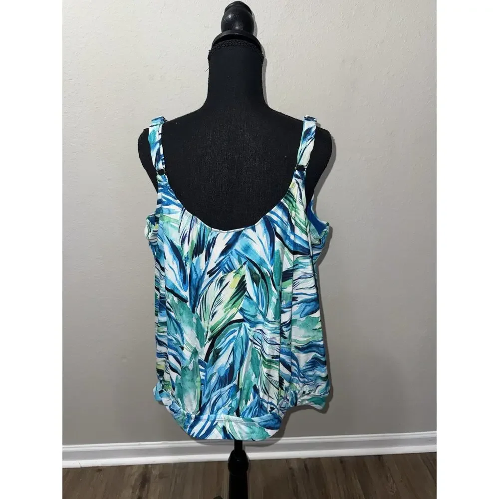 Terra & Sky Tankini Top 2X 20W 22W Blue Green Tropical Palm Blouson Swimsuit Top